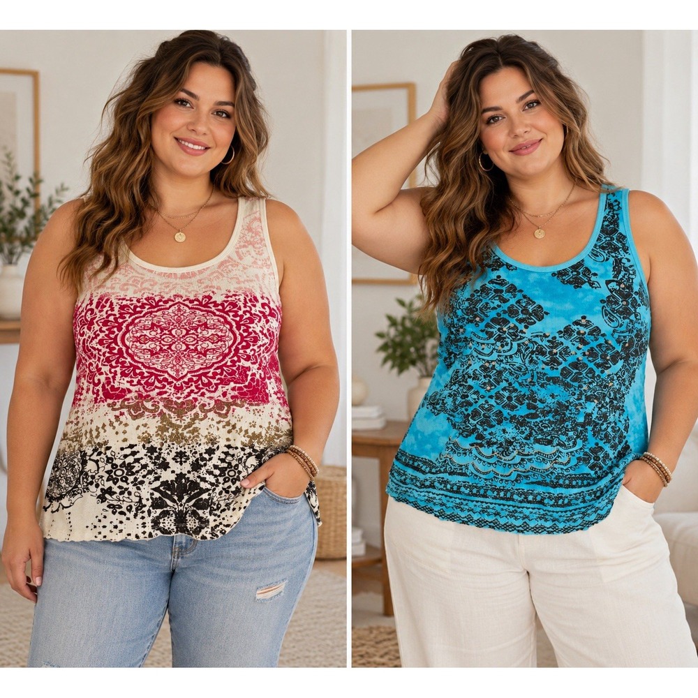 Lot of 2 Faded Glory Rib Knit Tank Tops Plus Sz 3X Cotton Boho Glitter Y2K